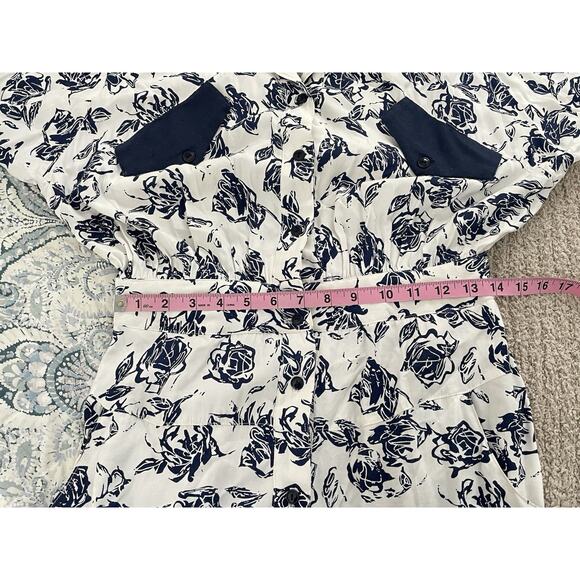 Vintage 80s Midi Shirt Dress Navy Floral Old Money Natutical Cottagecore Prep 12 - Picture 15 of 16